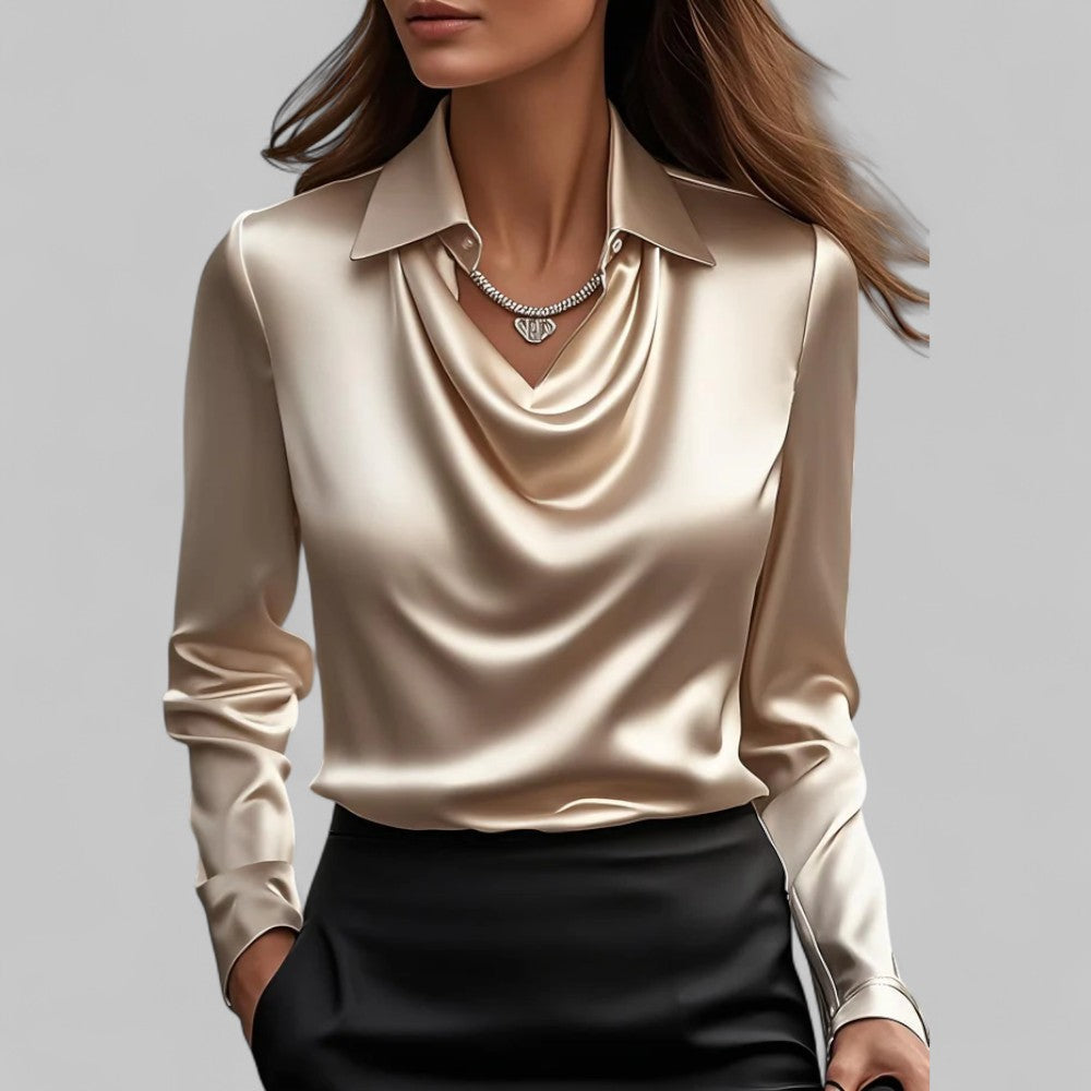 Elegante blusa satinada con cuello de cascada para mujer | Corte fluido
