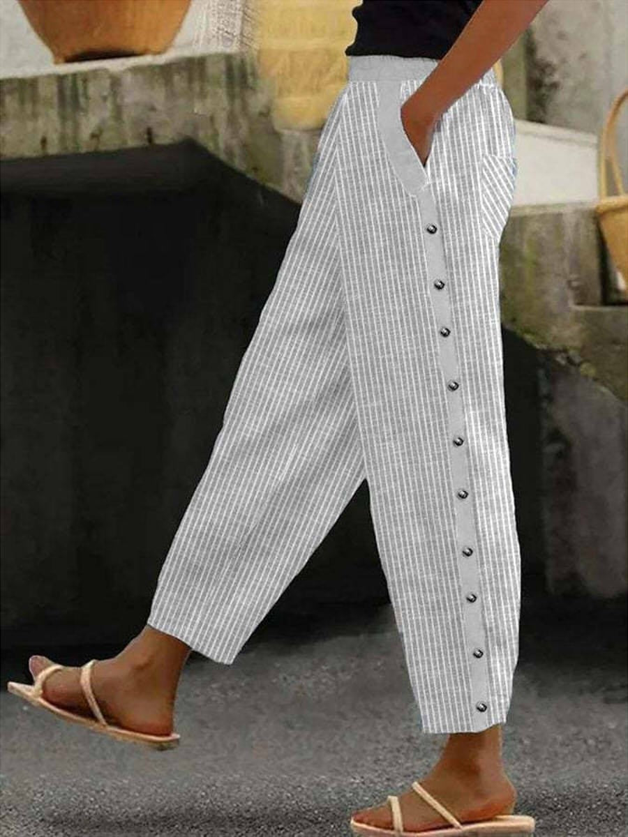 Pantalón largo de algodón a rayas con bolsillos para mujer | Cintura elástica