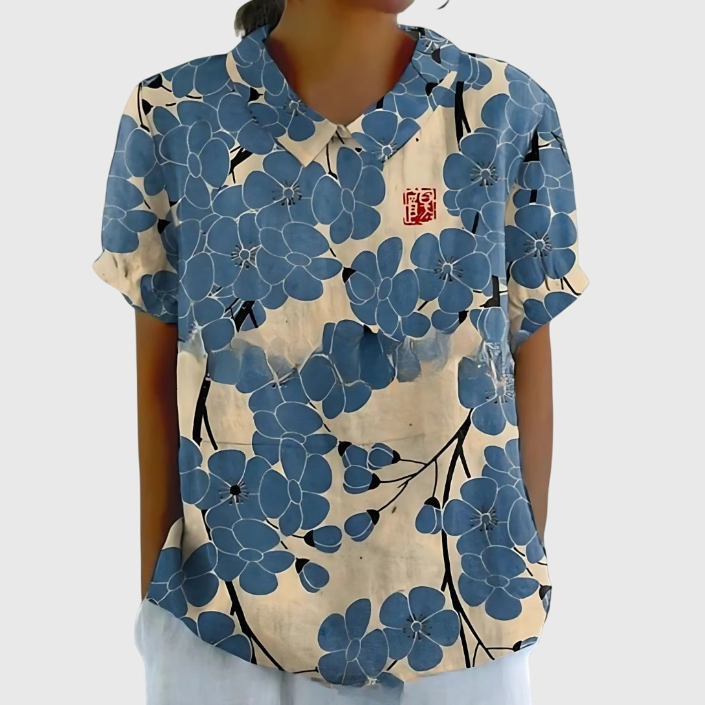 Blusa de lino con estampado floral y cuello Peter Pan | Manga corta