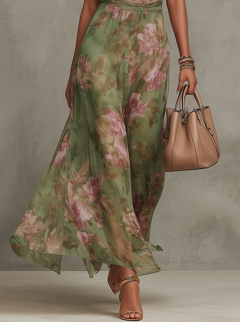 Vestido largo de gasa con estampado floral verde | Escote halter para mujer