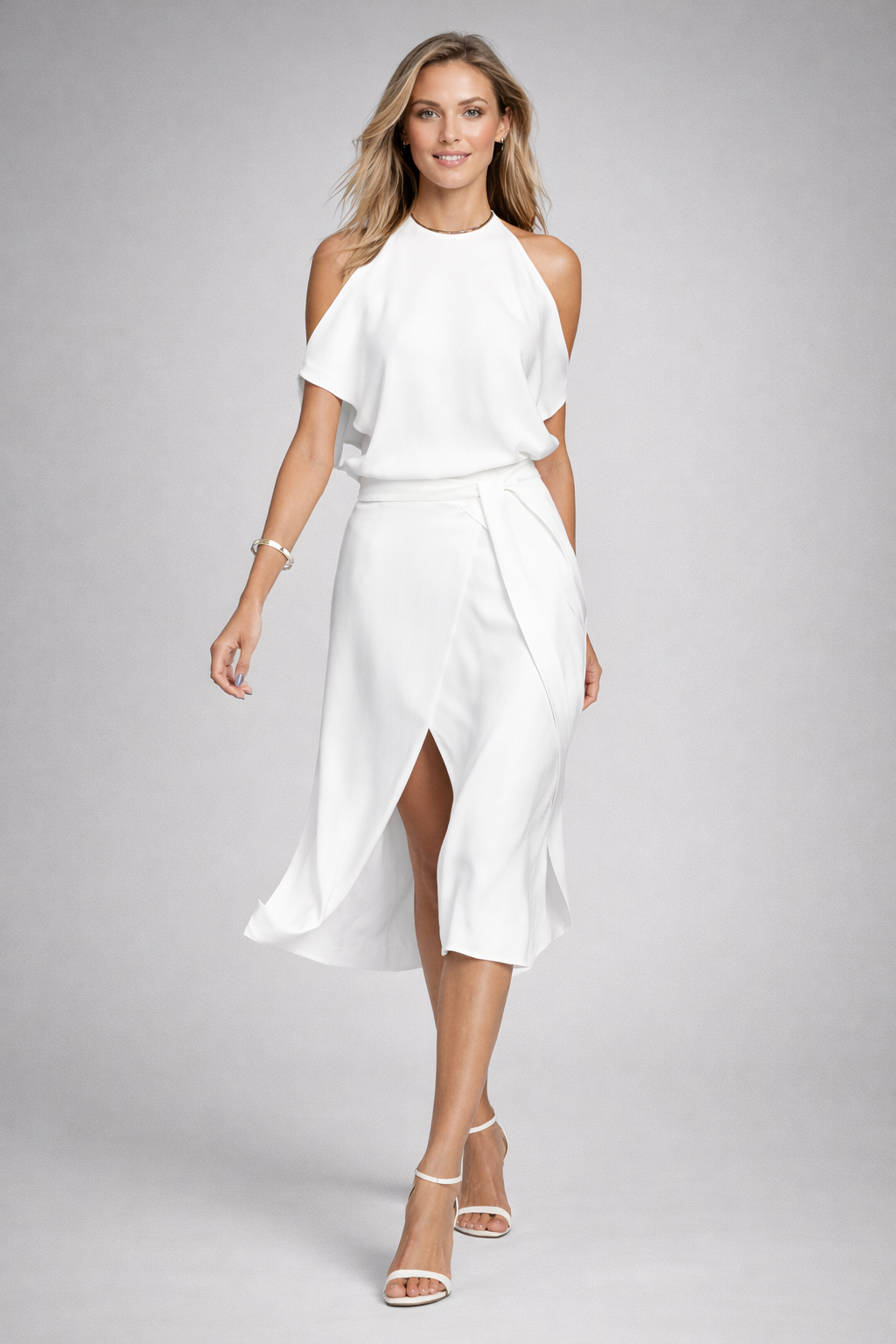 Vestido midi elegante con hombros descubiertos | Mezcla de algodón y elastano