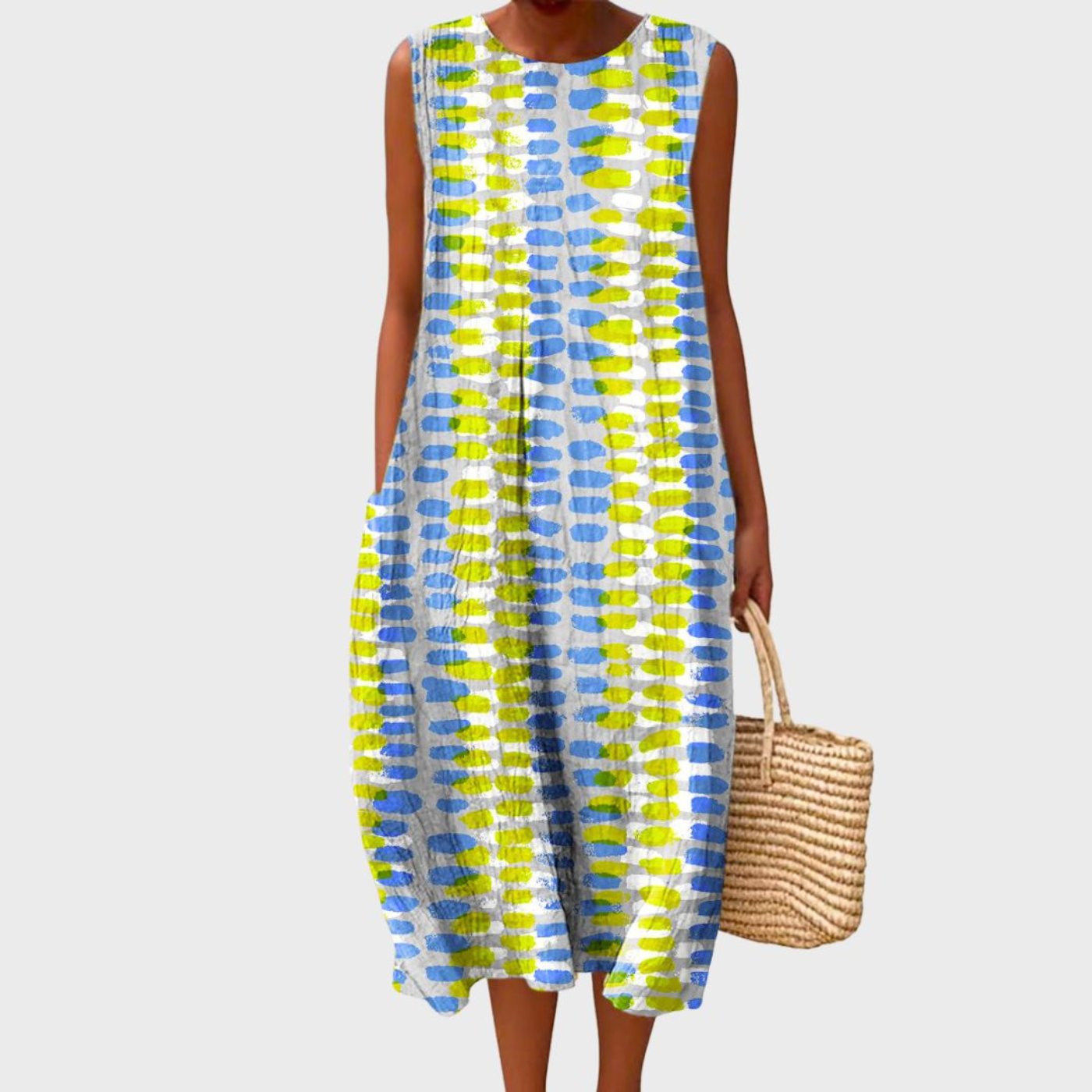 Vestido midi sin mangas de lino con vuelo | Estampado de cuadros
