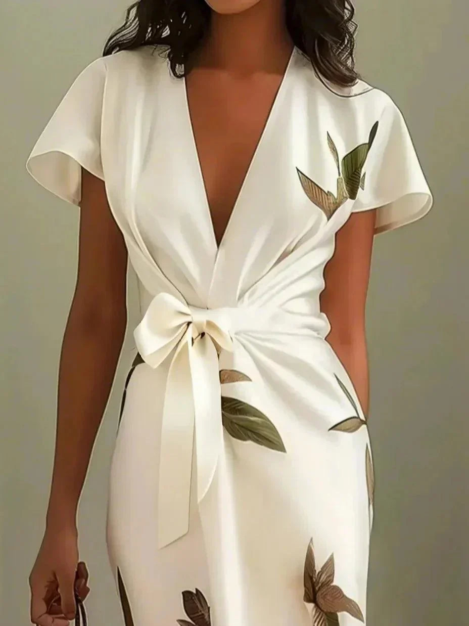 Elegante vestido cruzado estampado floral | Manga corta con volantes