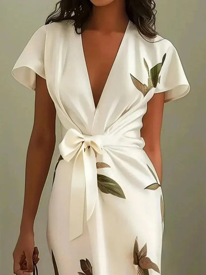 Elegante vestido cruzado estampado floral | Manga corta con volantes