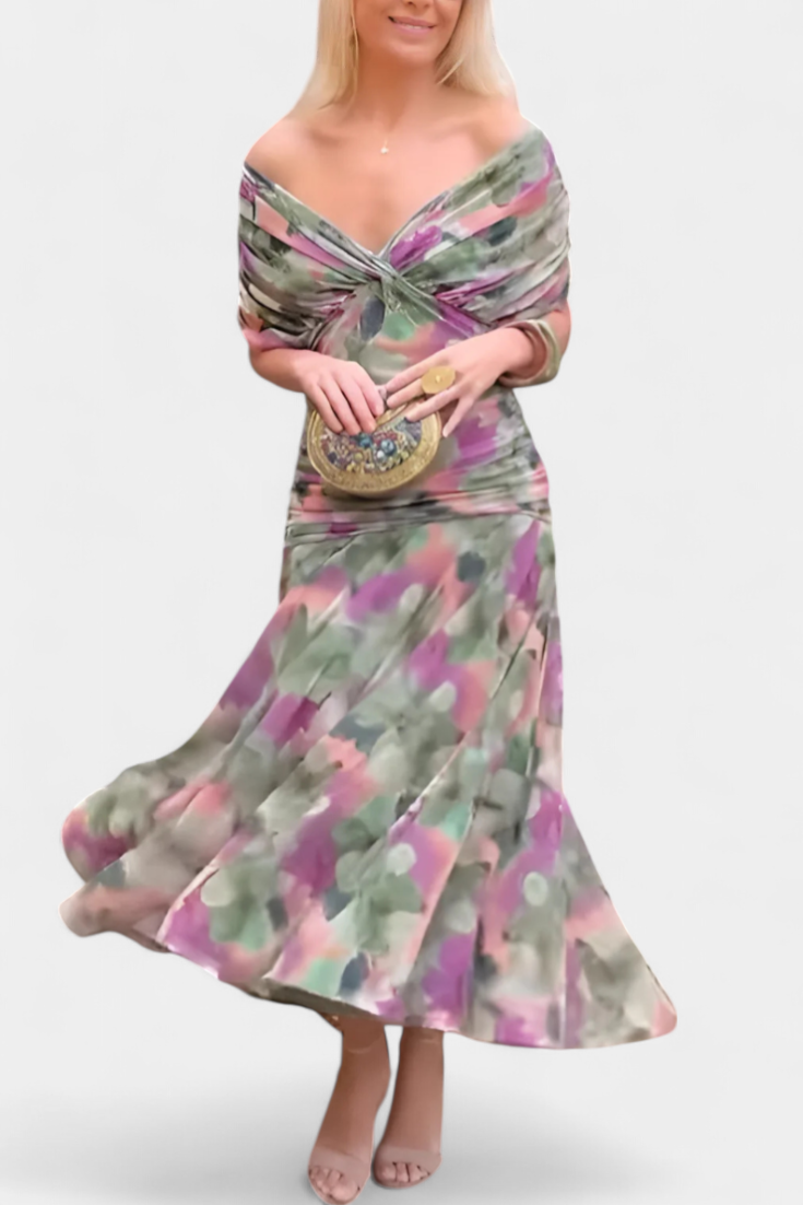 Elegante vestido largo con escote palabra de honor | Falda fluida