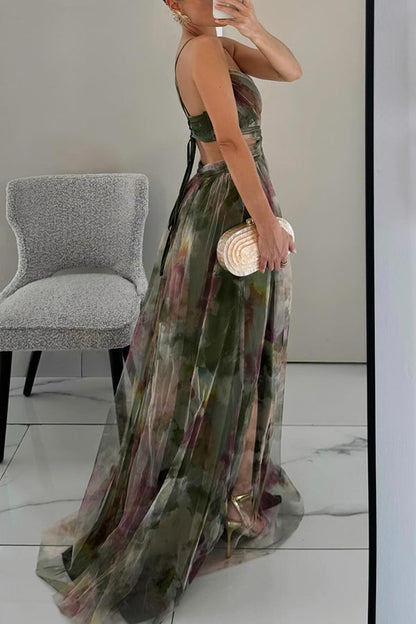 Vestido largo de tirantes con escote en V | Estampado multicolor fluido