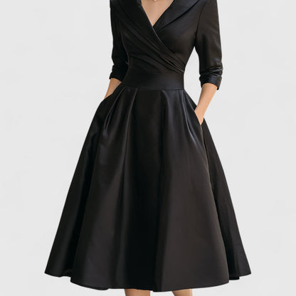 Vestido midi cruzado con escote en V y bolsillos | Manga tres cuartos