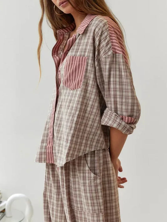 Mujer Pijama de Algodón de Dos Piezas | Tejido Elástico & Corte Holgado | Otoño