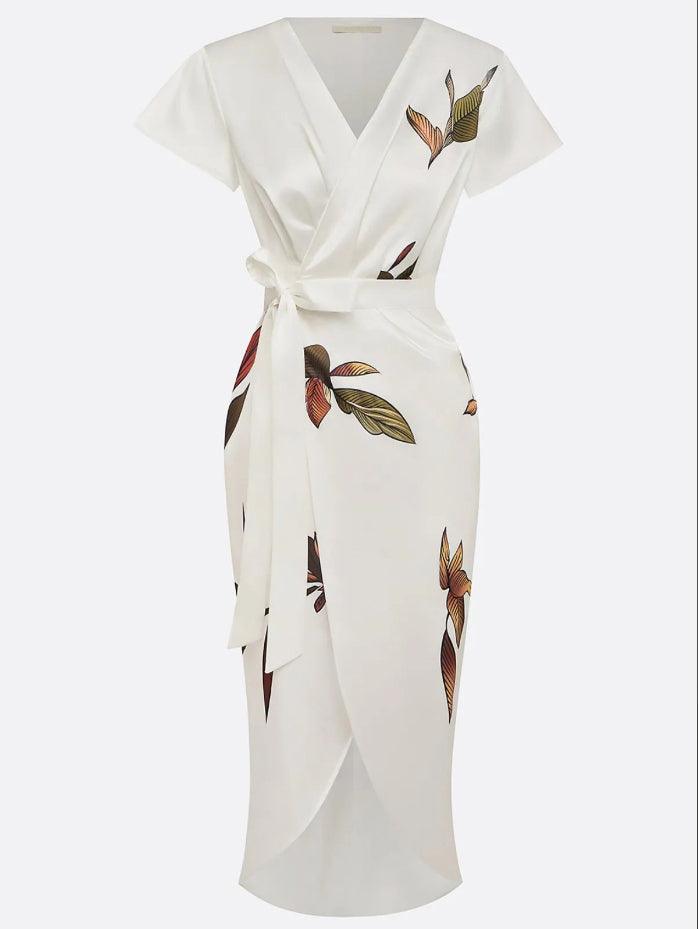 Elegante vestido cruzado estampado floral | Manga corta con volantes