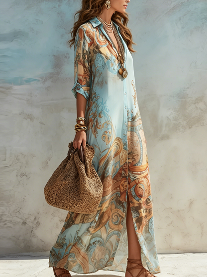 Maxivestido de gasa con estampado floral y cuello camisero | Corte holgado de verano