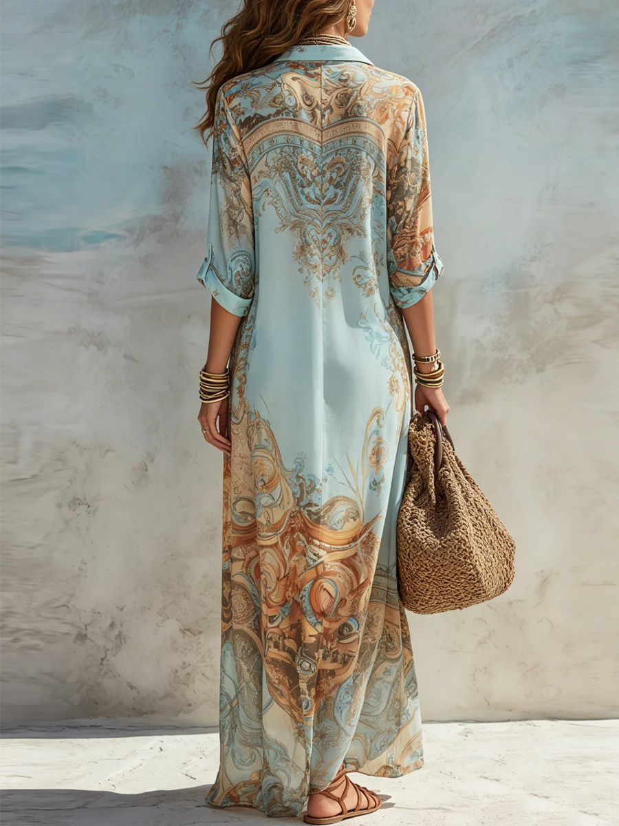 Maxivestido de gasa con estampado floral y cuello camisero | Corte holgado de verano