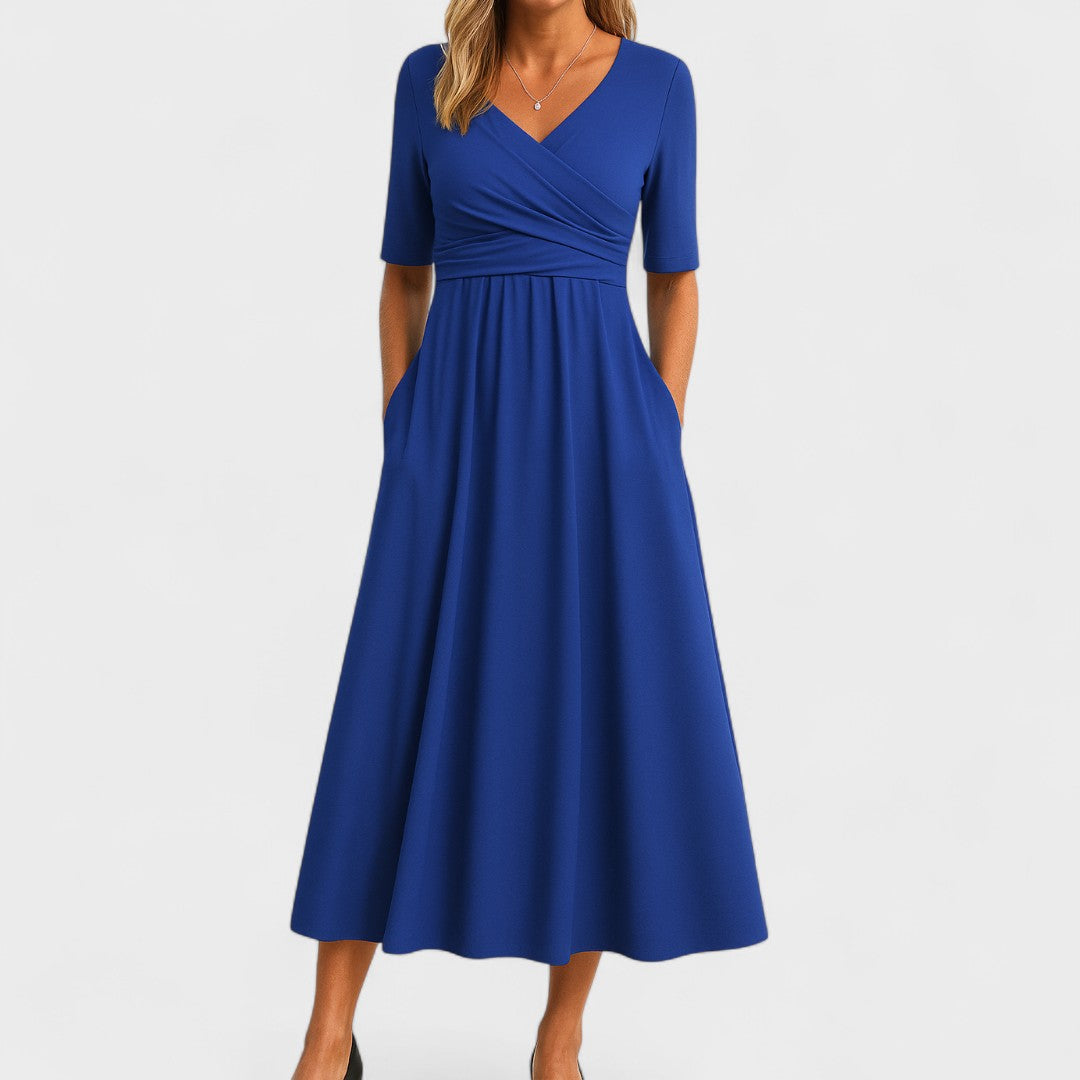 Elegante vestido midi con escote cruzado | Con bolsillos laterales