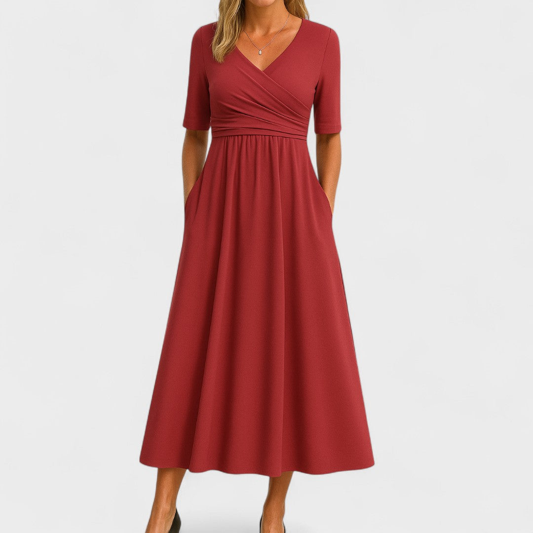 Elegante vestido midi con escote cruzado | Con bolsillos laterales