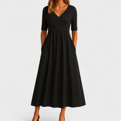 Elegante vestido midi con escote cruzado | Con bolsillos laterales