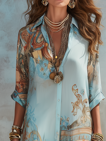 Maxivestido de gasa con estampado floral y cuello camisero | Corte holgado de verano
