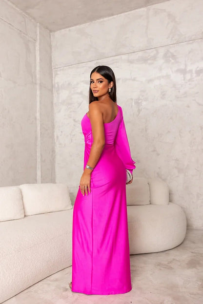 Vestido elegante de un hombro con abertura lateral | Cetim fluido
