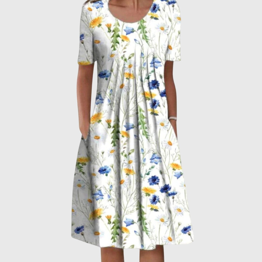 Elegante vestido estampado de cuello redondo para mujer | Corte favorecedor