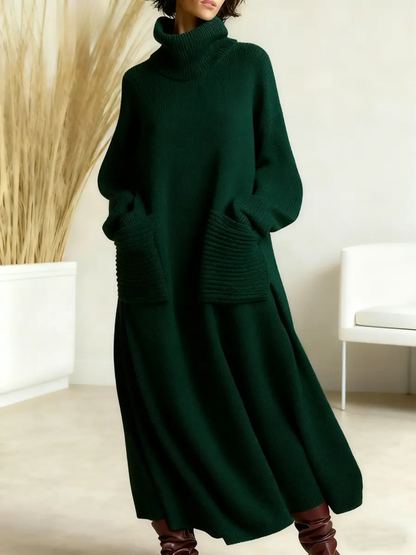 Mujer Vestido Maxi de Punto | Cuello Alto & Bolsillos Laterales | Otoño e Invierno