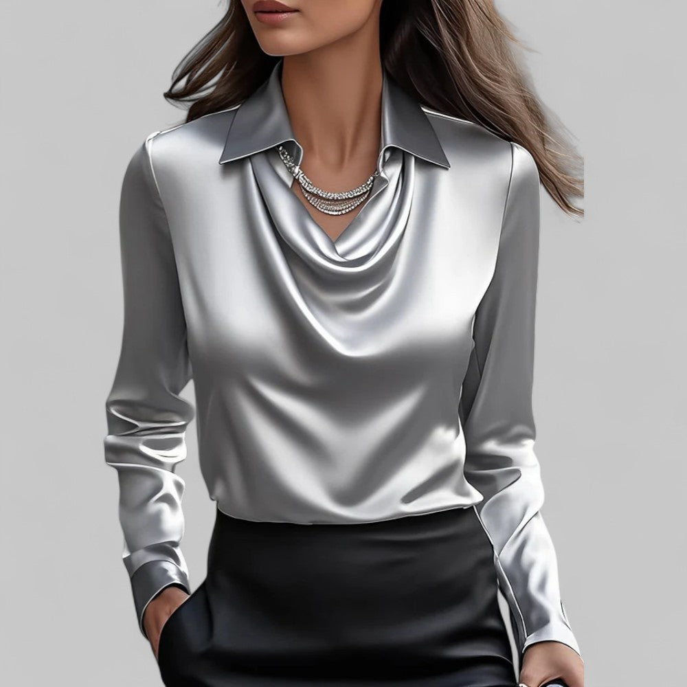 Elegante blusa satinada con cuello de cascada para mujer | Corte fluido