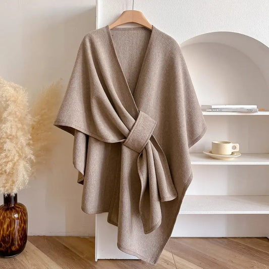 Mujer Poncho Cruzado de Punto | Pasador Lateral & Escote en V | Otoño e Invierno