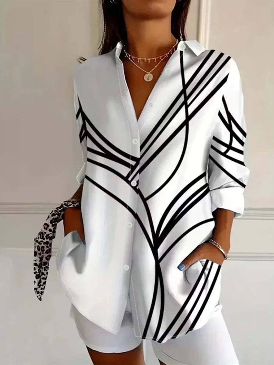 Blusa vintage informal de manga larga | Poliéster blanco