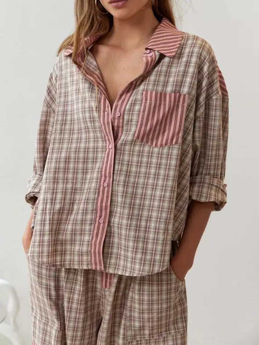 Mujer Pijama de Algodón de Dos Piezas | Tejido Elástico & Corte Holgado | Otoño