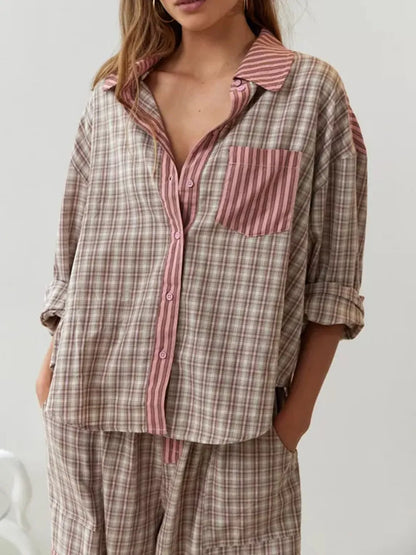 Mujer Pijama de Algodón de Dos Piezas | Tejido Elástico & Corte Holgado | Otoño