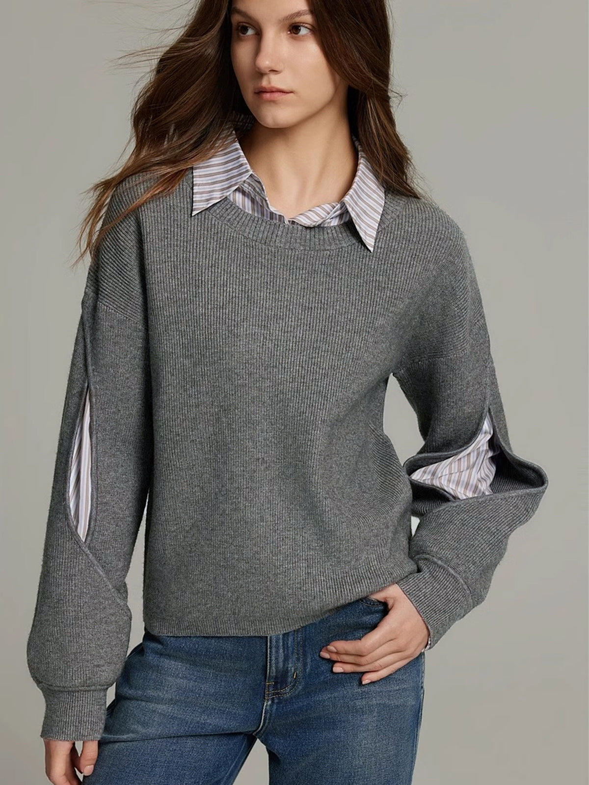 Mujer Jersey de Punto Superpuesto | Cuello Redondo & Manga Larga | Uso Diario