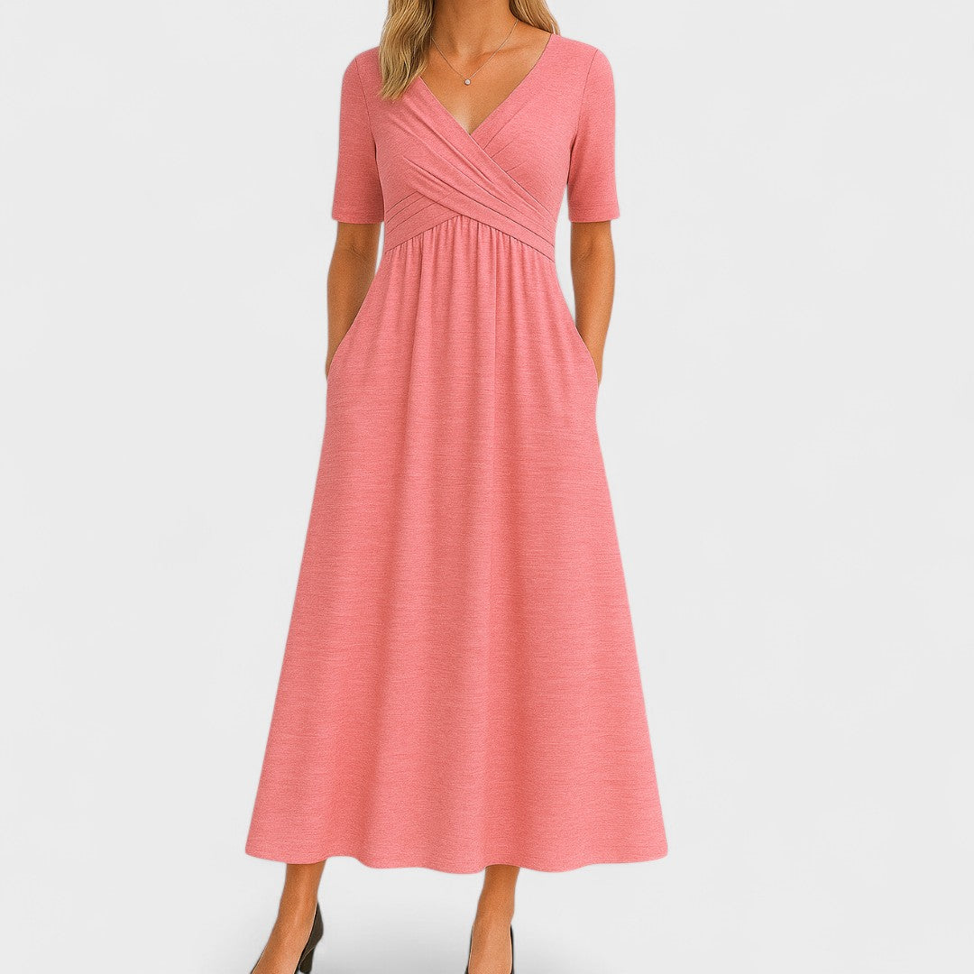 Elegante vestido midi con escote cruzado | Con bolsillos laterales