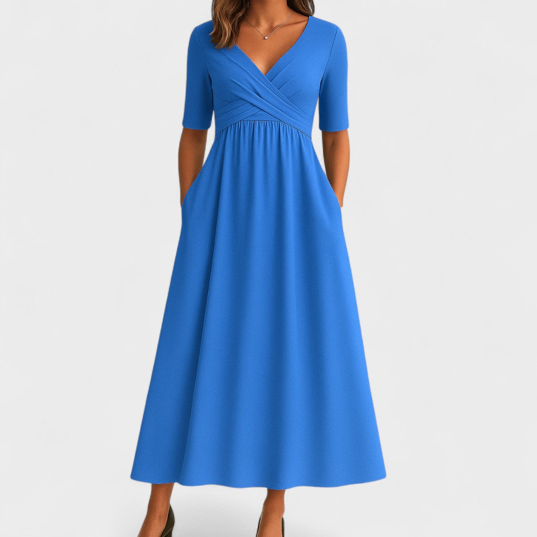 Elegante vestido midi con escote cruzado | Con bolsillos laterales