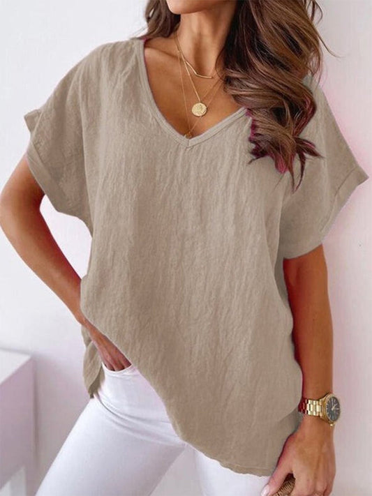 Camiseta informal de manga corta y mezcla de algodón | Cuello en V color caqui