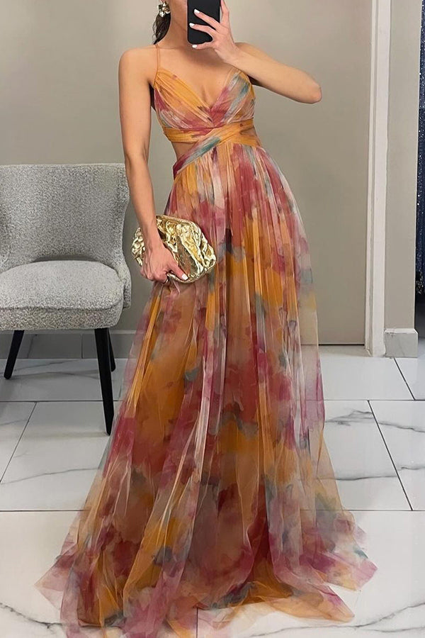 Vestido largo de tirantes con escote en V | Estampado multicolor fluido