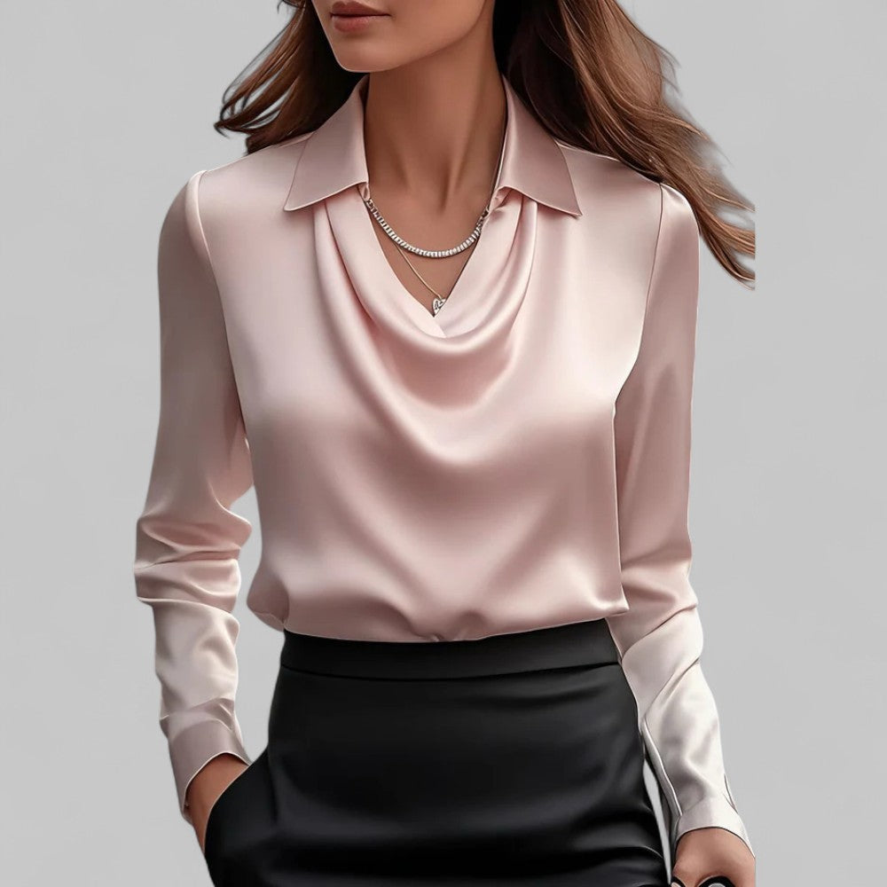 Elegante blusa satinada con cuello de cascada para mujer | Corte fluido