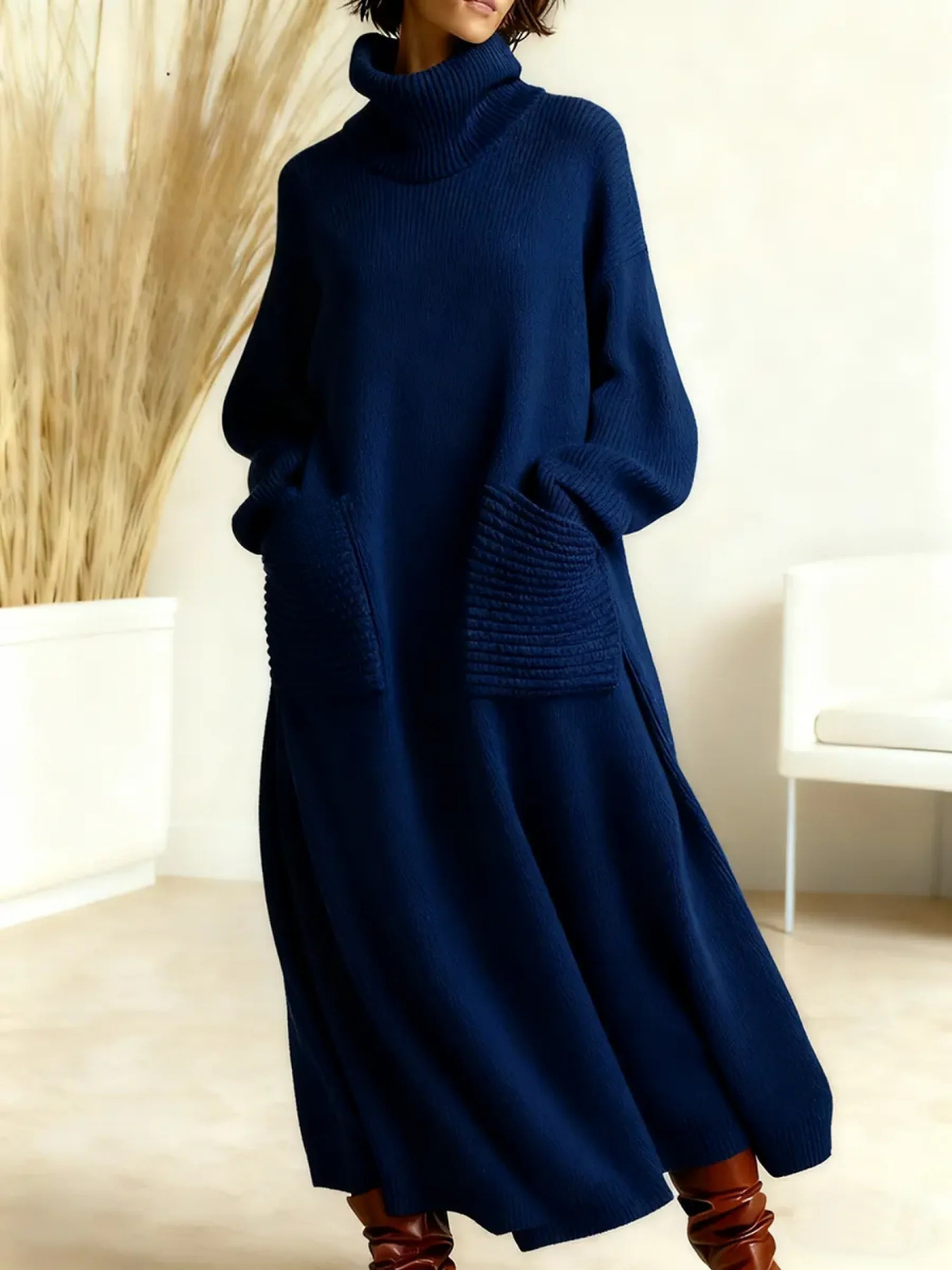 Mujer Vestido Maxi de Punto | Cuello Alto & Bolsillos Laterales | Otoño e Invierno