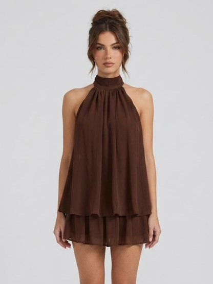 Minivestido con cuello halter y espalda descubierta | Volantes escalonados