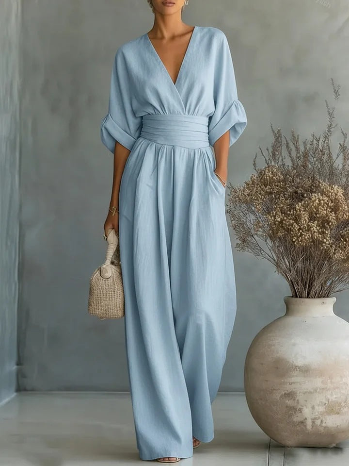 Mono elegante con escote en V y pantalón ancho para mujer