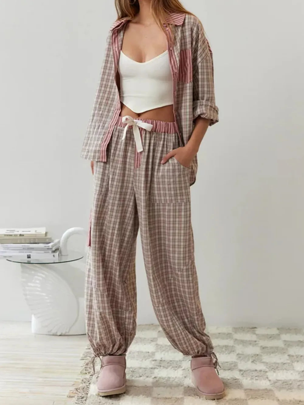 Mujer Pijama de Algodón de Dos Piezas | Tejido Elástico & Corte Holgado | Otoño