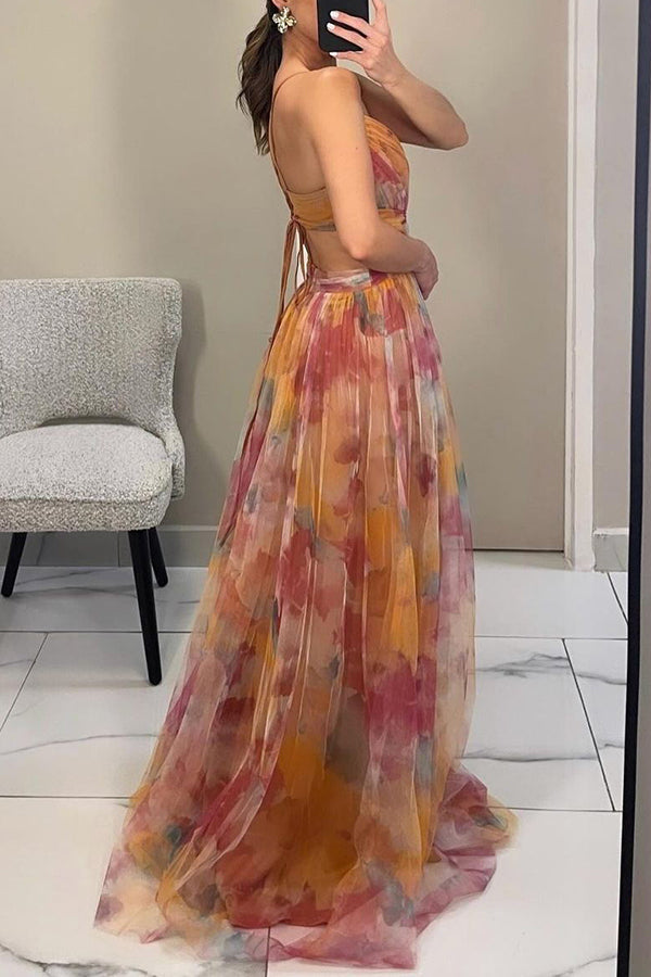 Vestido largo de tirantes con escote en V | Estampado multicolor fluido
