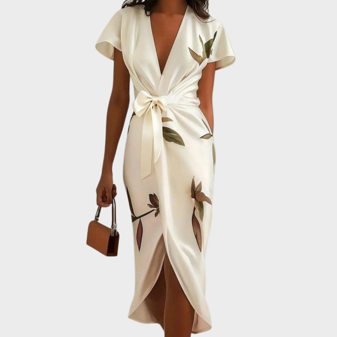 Elegante vestido cruzado estampado floral | Manga corta con volantes