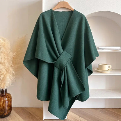 Mujer Poncho Cruzado de Punto | Pasador Lateral & Escote en V | Otoño e Invierno