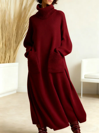 Mujer Vestido Maxi de Punto | Cuello Alto & Bolsillos Laterales | Otoño e Invierno