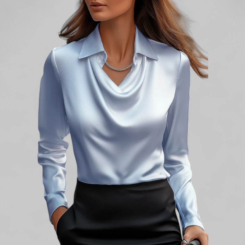 Elegante blusa satinada con cuello de cascada para mujer | Corte fluido