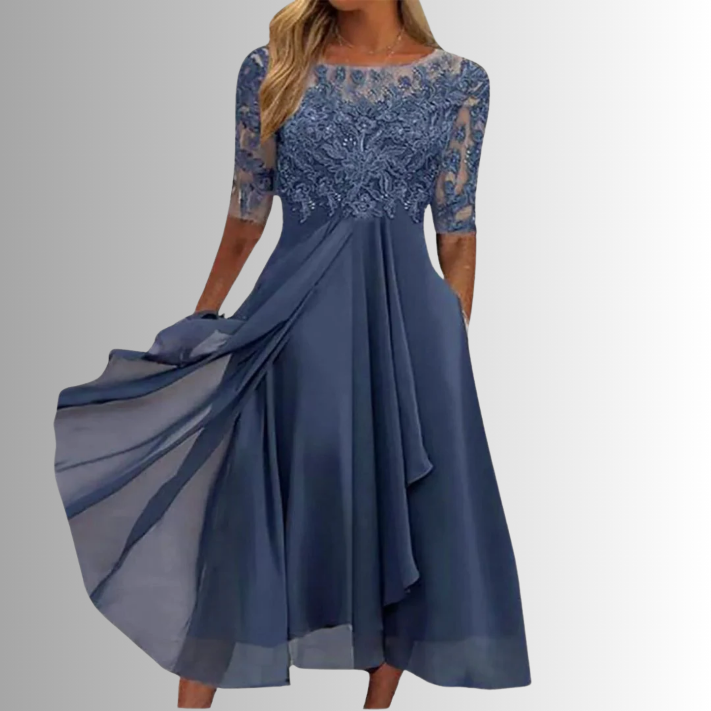 Elegante vestido de encaje con falda fluida | Diseño sin mangas para mujer