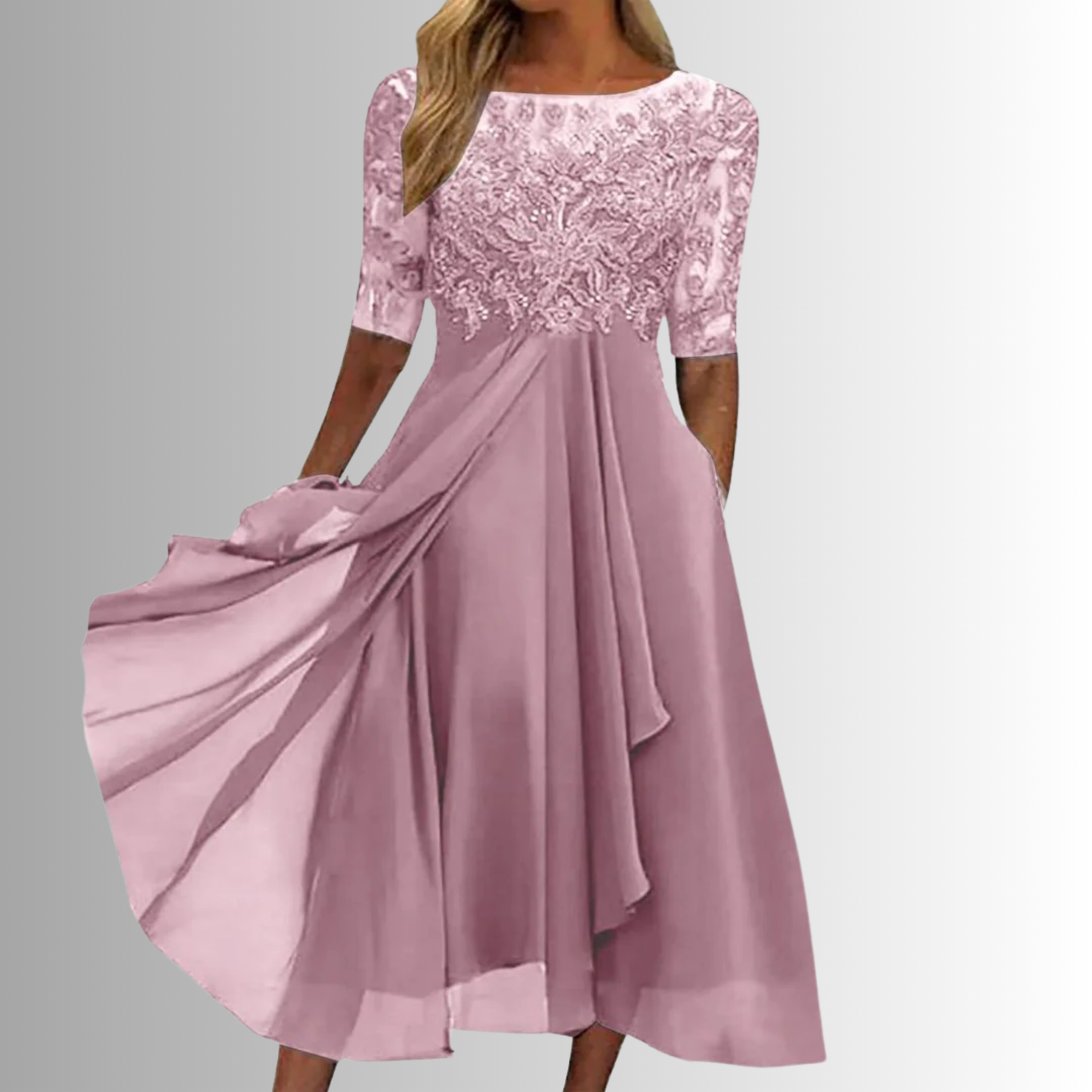 Elegante vestido de encaje con falda fluida | Diseño sin mangas para mujer