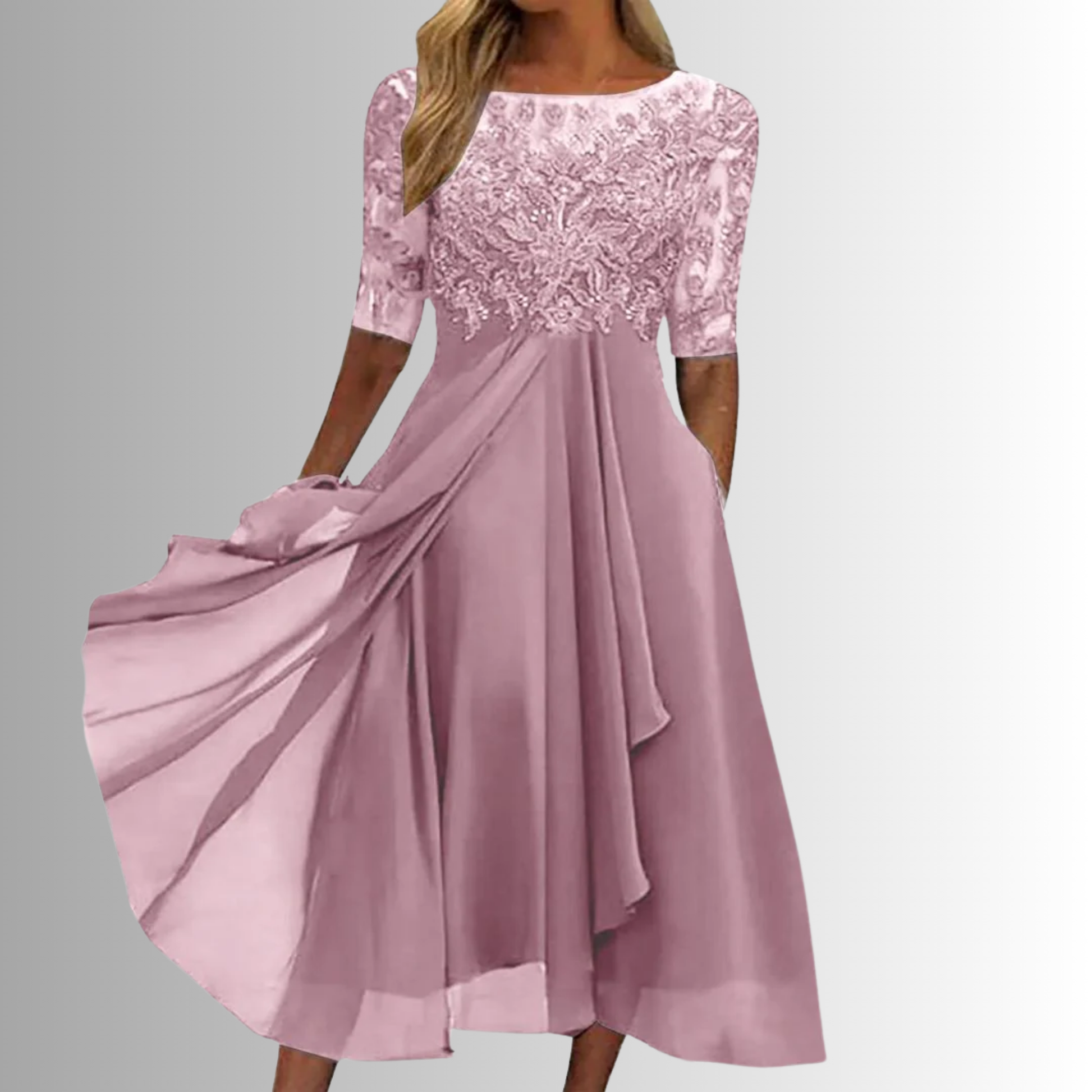 Elegante vestido de encaje con falda fluida | Diseño sin mangas para mujer