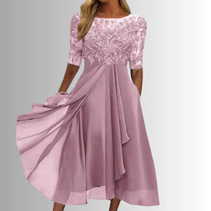 Elegante vestido de encaje con falda fluida | Diseño sin mangas para mujer