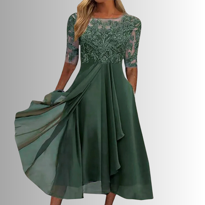 Elegante vestido de encaje con falda fluida | Diseño sin mangas para mujer