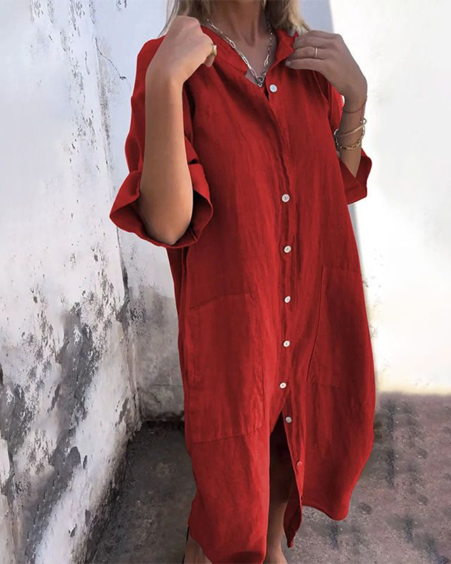 Vestido camisero midi casual y amplio | Mezcla ligera de algodón
