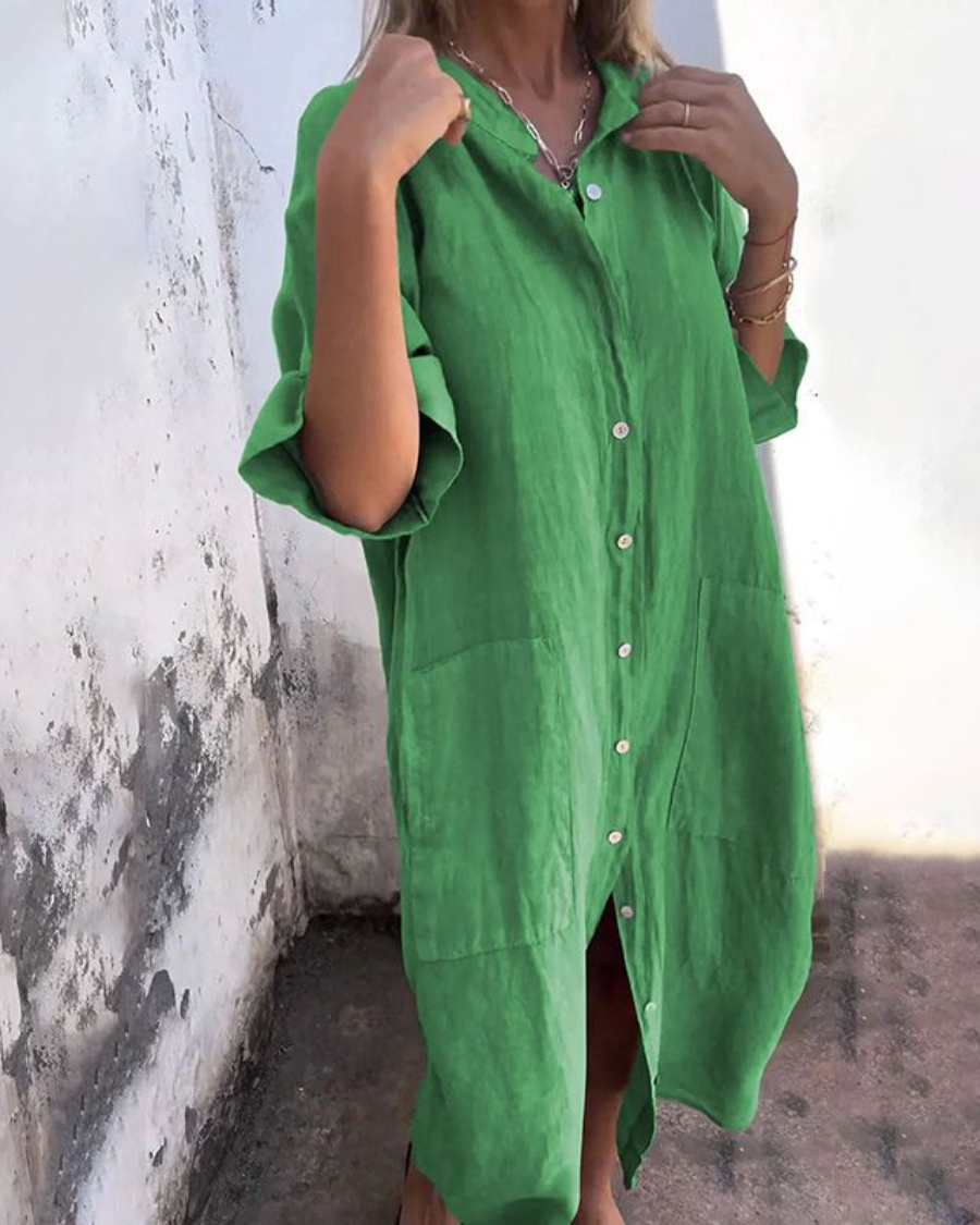 Vestido camisero midi casual y amplio | Mezcla ligera de algodón