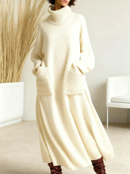 Mujer Vestido Maxi de Punto | Cuello Alto & Bolsillos Laterales | Otoño e Invierno